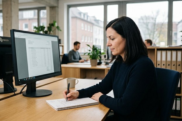 Offene-Posten-Management: Mitarbeiterin prüft offene Rechnungen am Bildschirm